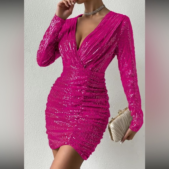 Luxe survive neck ruched party formal sequins bodycon dress - Picture 5 of 6